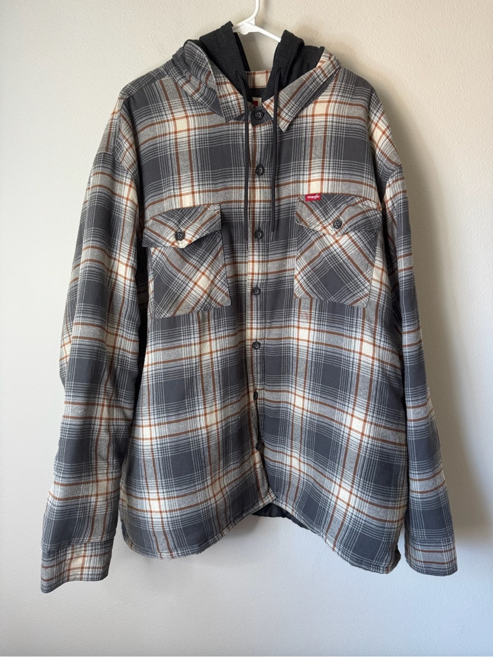 Wrangler Hooded Flannel Shirt Jacket Mens‎ 3XL Gray Plaid Quilted Lined